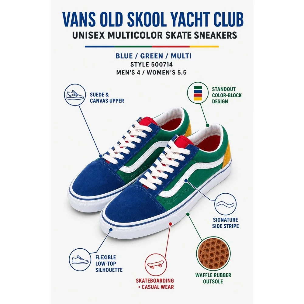 Vans Old Skool Yacht Club Unisex Blue Green Yellow Low Top Skate Sneakers 500714